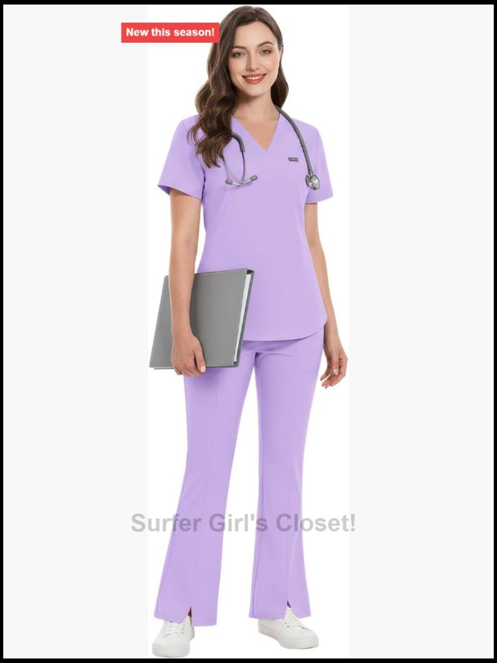 Women's V-Neck Medical Scrub Set with Pocket, Flared Split Pants